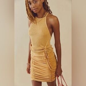 Free People One NWOT Katya Women's XS Mustard Yellow Bodycon Dress Waffle Knit